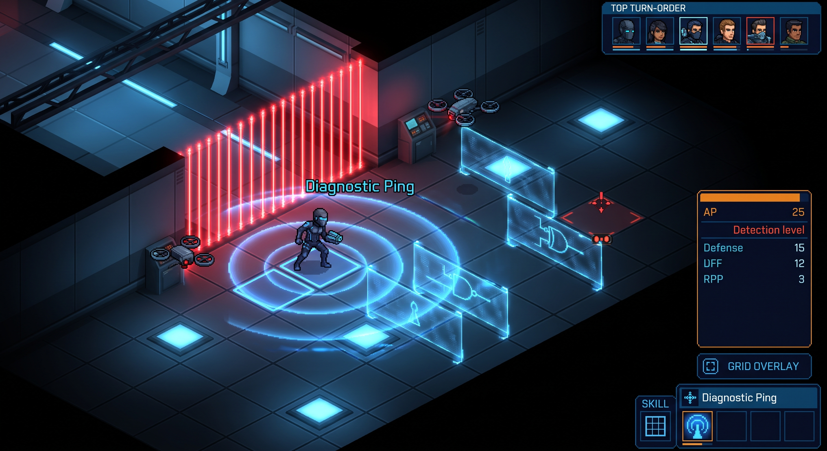 Gameplay mock: isometric vault grid with Diagnostic Ping pulse, laser grid, holographic baffles and tactical HUD