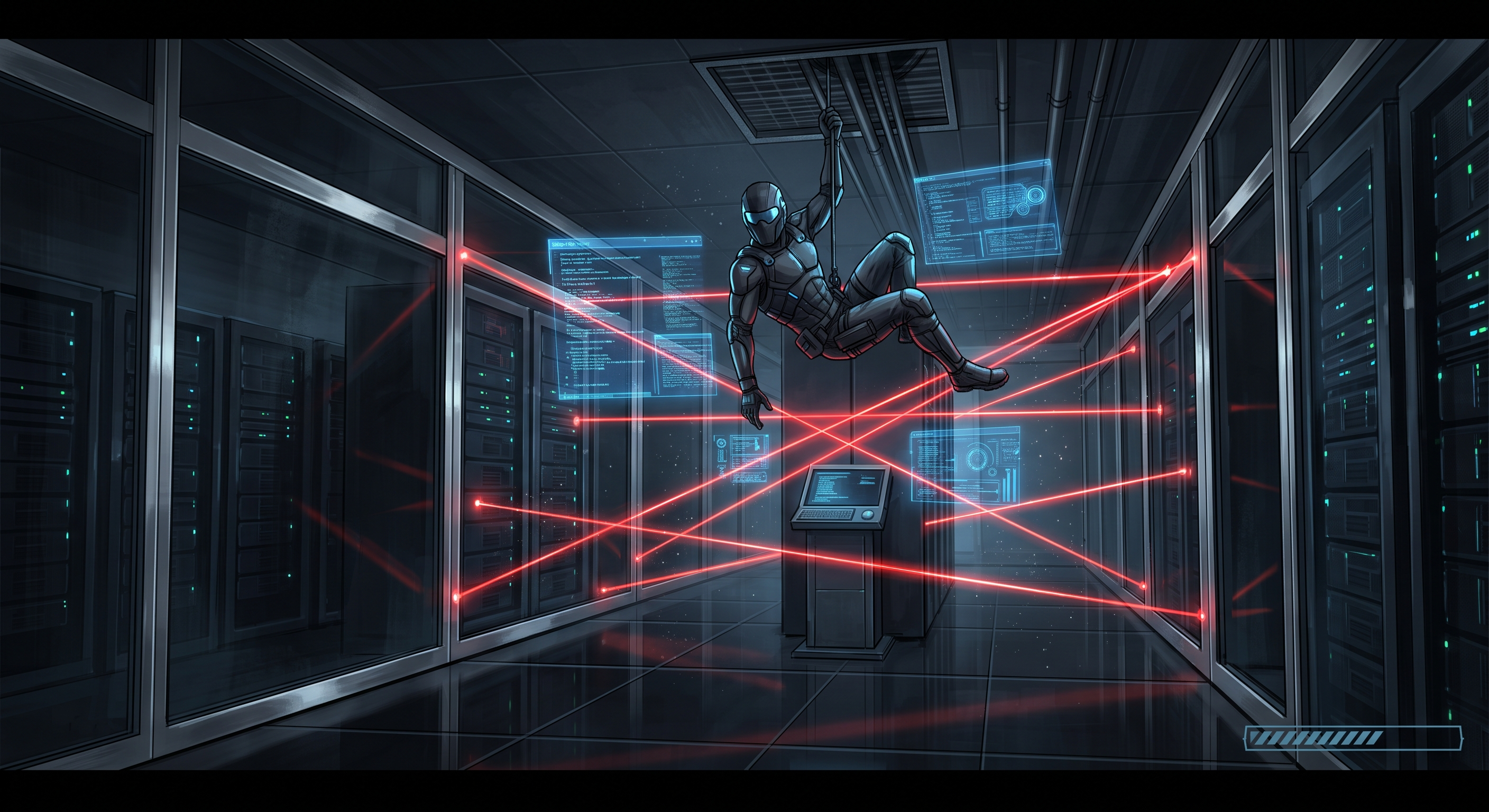 Loading screen art: operative rappelling through red laser grids between server racks