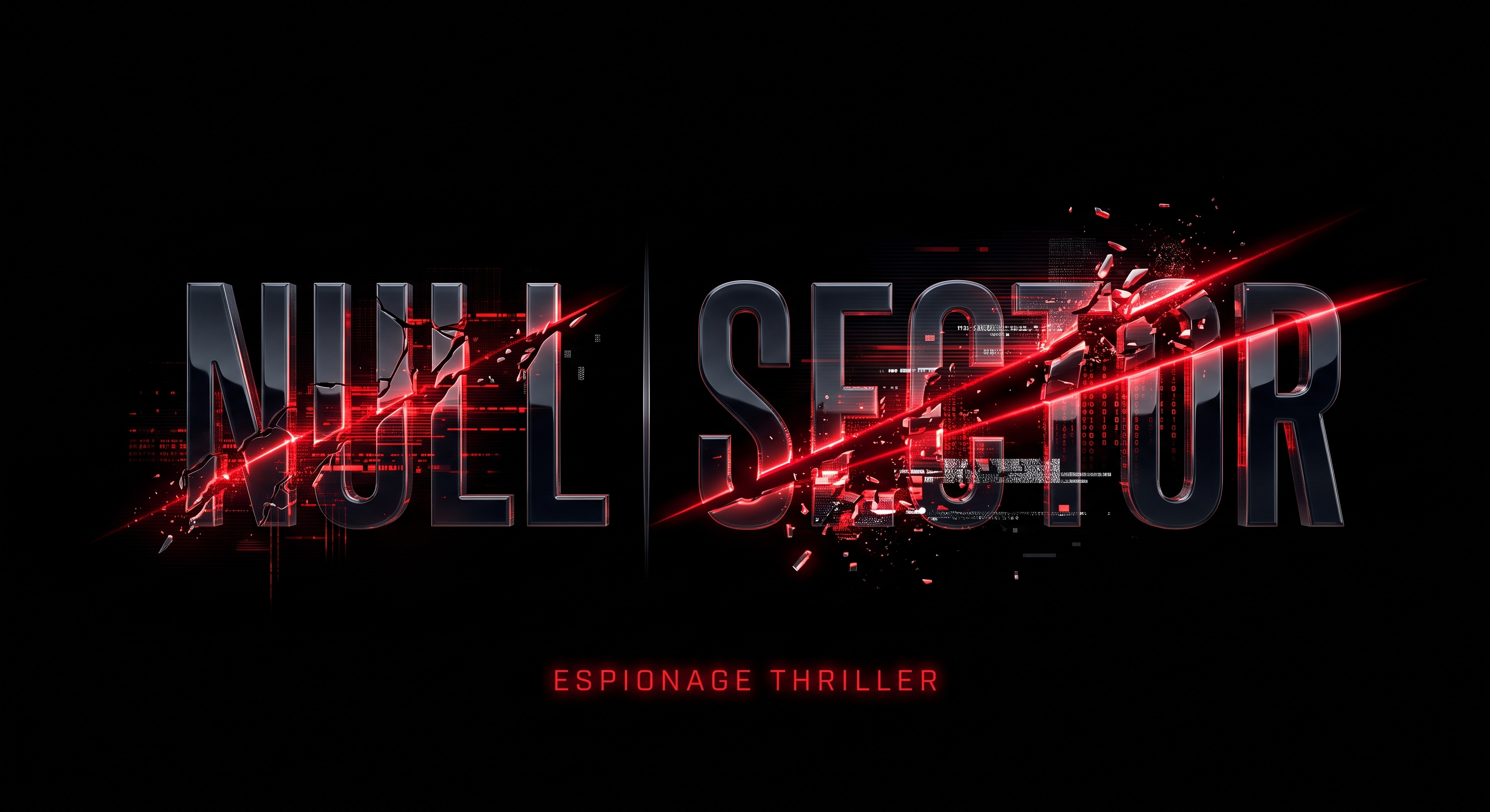 Null-Sector game logo: cracked chrome lettering slashed by red laser light, tagline Espionage Thriller
